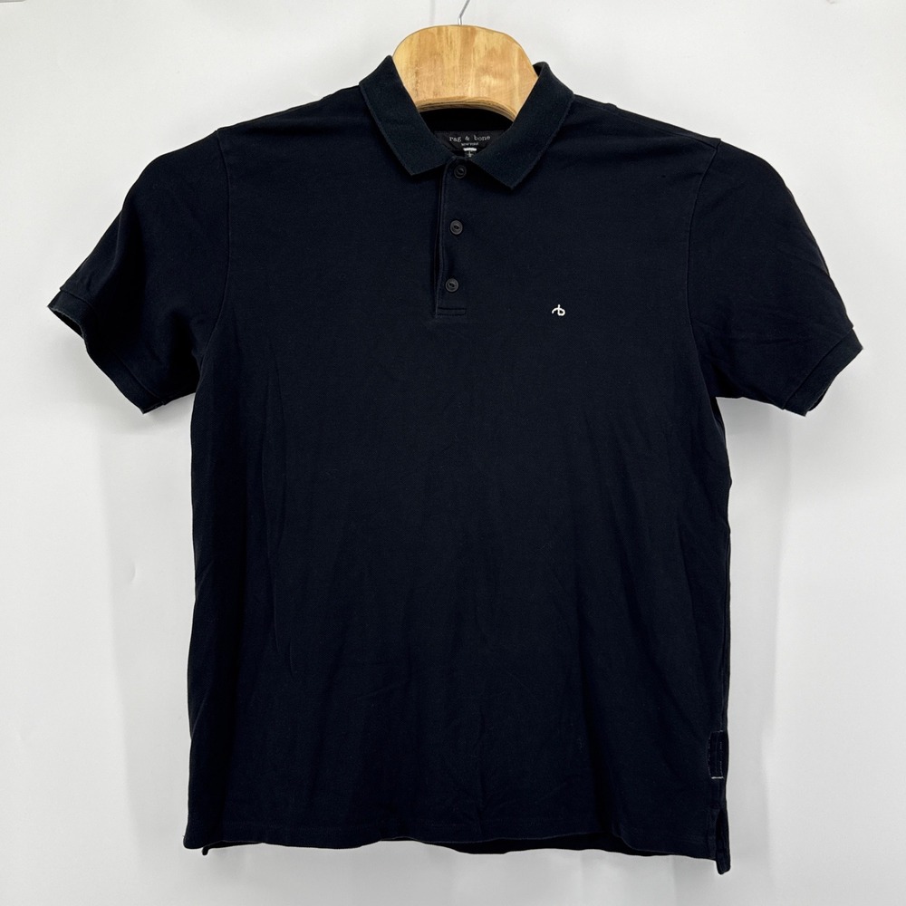 rag & bone New York Embroidered Logo Pique Polo Shirt Men L Black Cotton Stretch